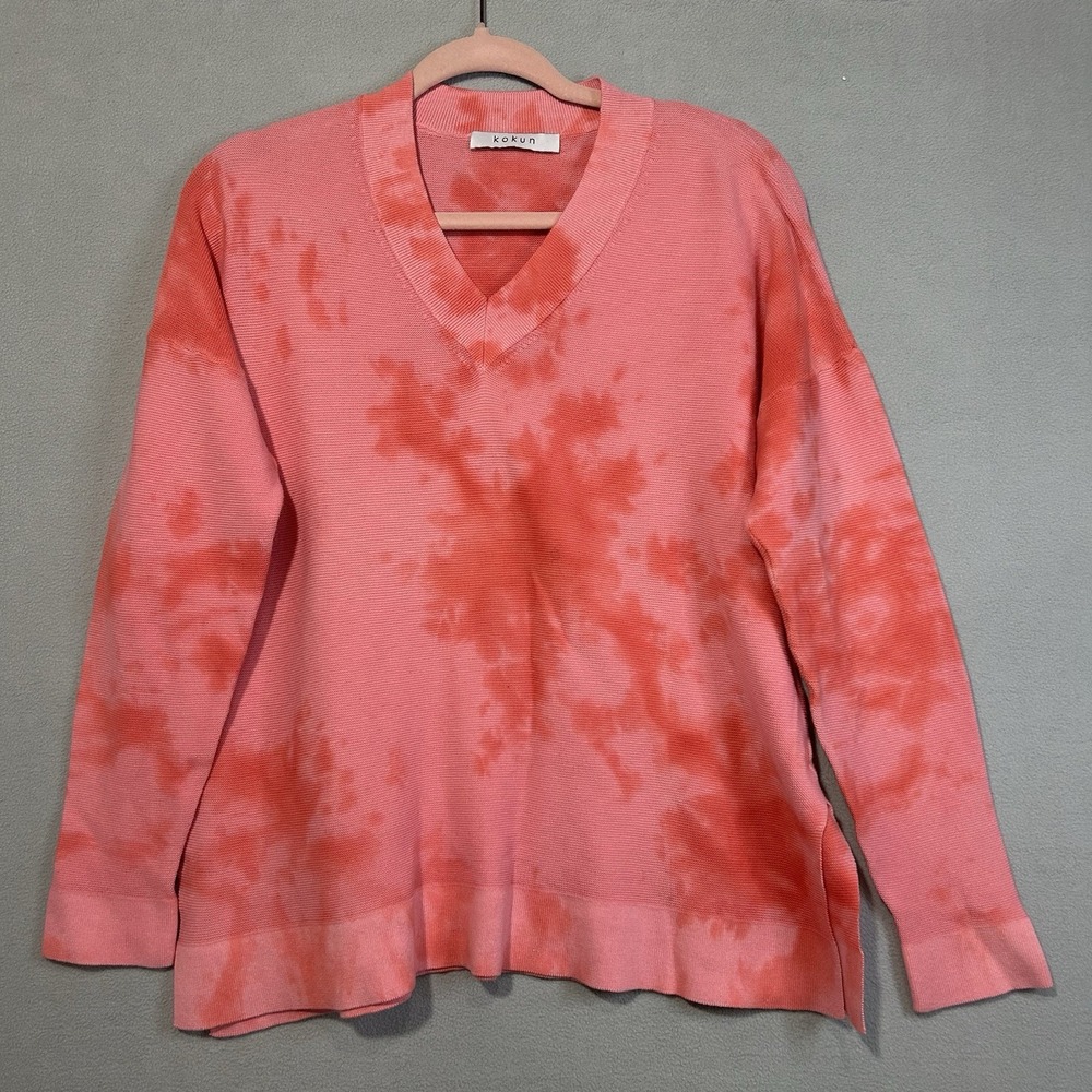 Kokun Pink Orange Tie Dye Print Boxy‎ V Neck Sweater Womens Size Small Lounge